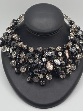 Aldo Necklace Black Beaded Sequin Rhinestone Statement Bib Y2K 16" Adjustable